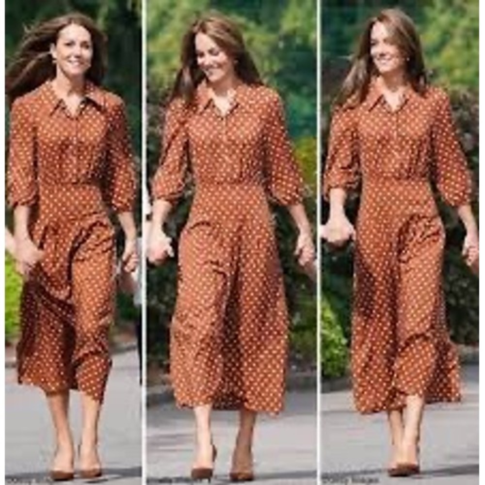 RIXO London Izzy Copper Polka Dot Midi Dress Kate Middleton Style Size L US 10 - Picture 5 of 9